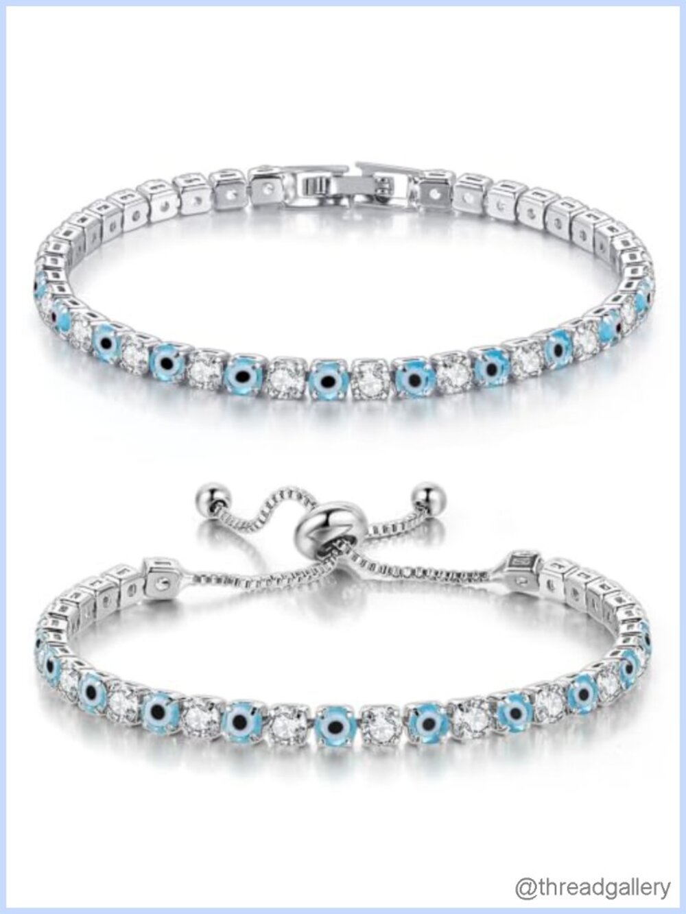 2PCS Silver Tone Evil Eye Tennis Bracelet Set CZ Adjustable Women Gift
